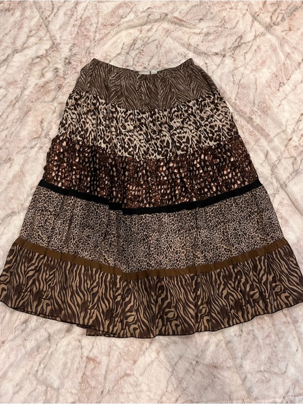 Chico's Brown Tiered Animal-Print Maxi Skirt